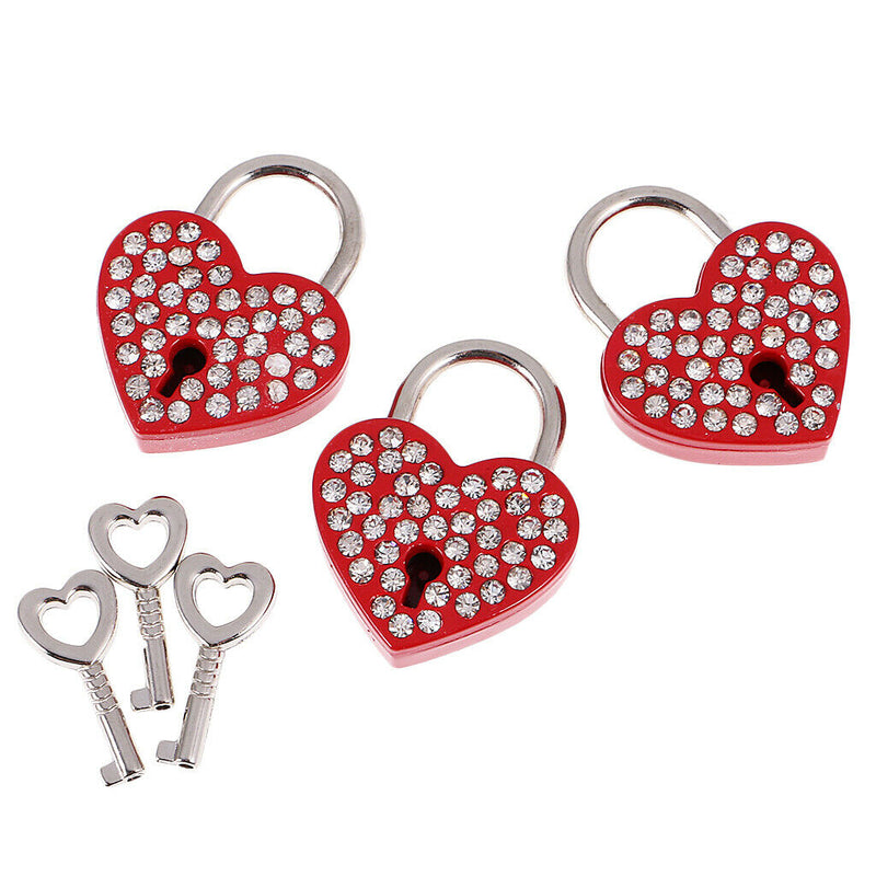 3 Pieces Diamante Heart Shape Padlock With Key Travel Locker Set Pendant Red