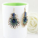Women Charm Rhinestone Peacock Feather Shape Statement Hook Dangle Earring Delux