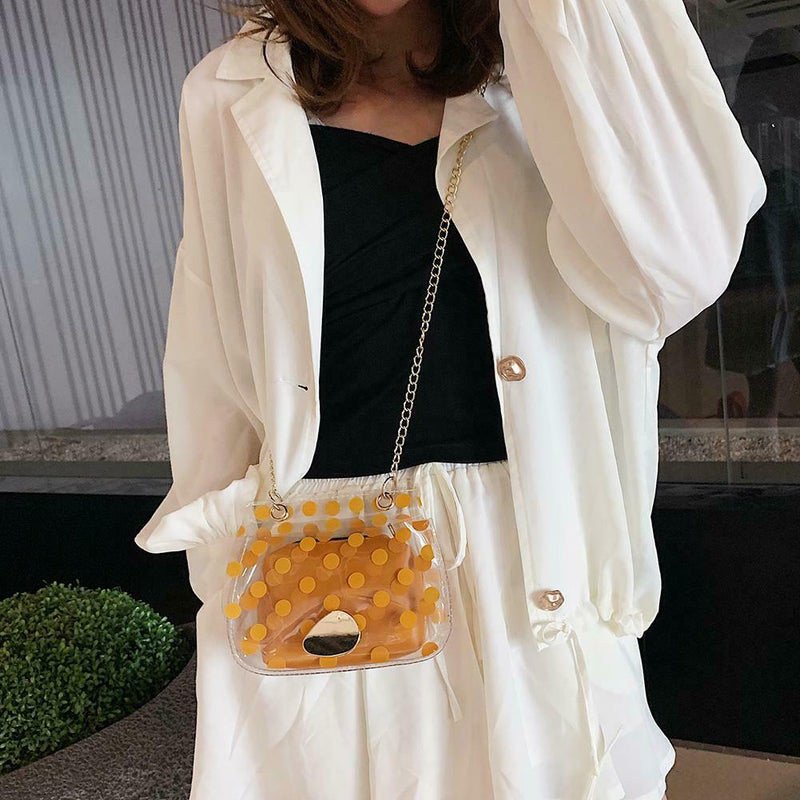 2pcs/set Dot Print Clear Shoulder Handbags Women Crossbody Clutch (Yellow) A