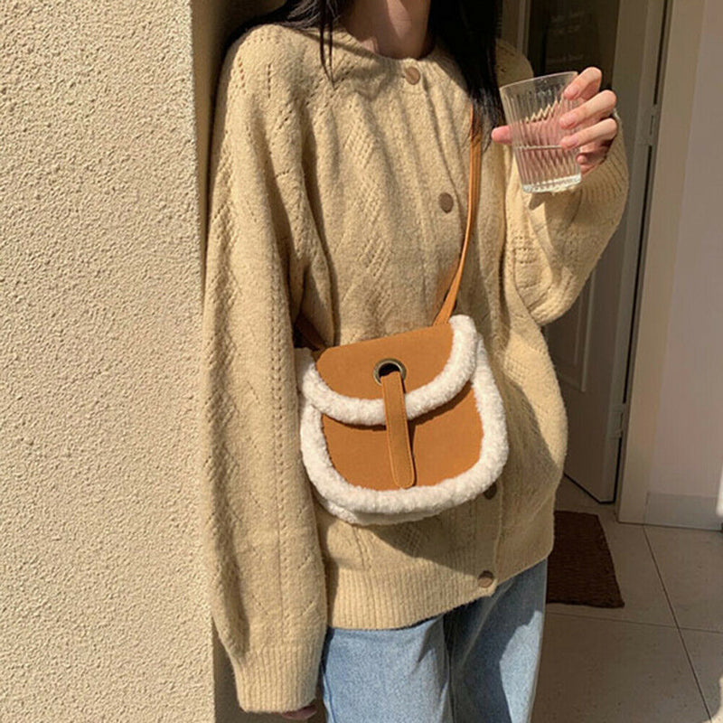 Fashion Shoulder Saddle Bag Women Splicing Fleece PU Messenger Tote (Brown)