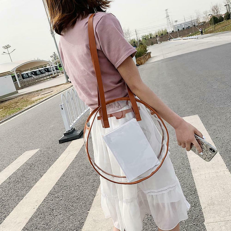 Summer Beach Round Transparent Women Handbag Tote Shopping Bags (Brown)