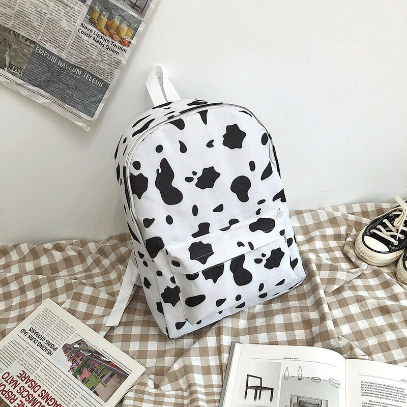 Cow Print Plush Drawstring Pouch Nylon Women Shoulder Pack Composite Set