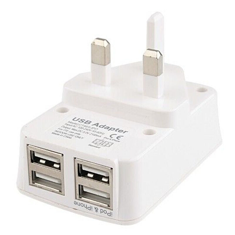 UK MAINS WALL 3 PIN PLUG ADAPTOR CHARGER 4-USB PORTS FOR PHONES TABLES 5V 3.5A