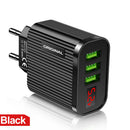 Digital Display USB Charger for Phone Tablet 3 USB Wall Charger (Black EU)