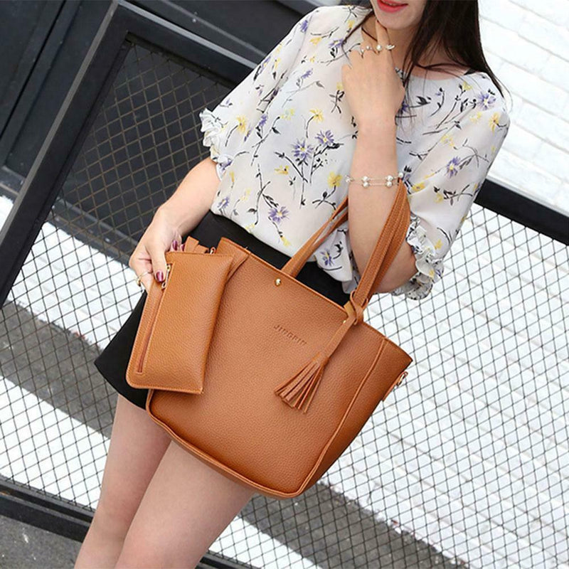 4pcs/set Litchi Leather Tassel Women Tote Shoulder Handbag Card Bags (Brown