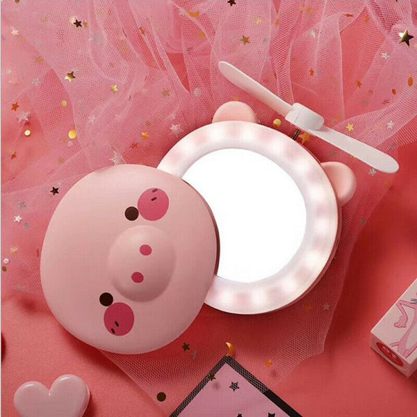Mini Portable LED Fill Light Makeup Mirror with Handheld Fan USB Rechargeable