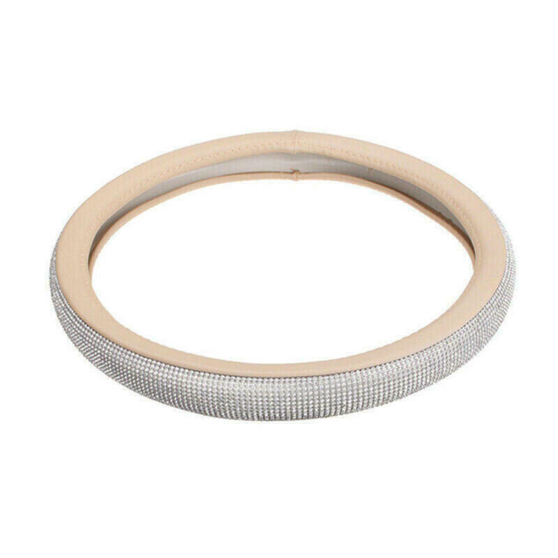 1 White 38CM Car Crystal Steering Wheel Cover PU Leather Rhinestones Beige Bling