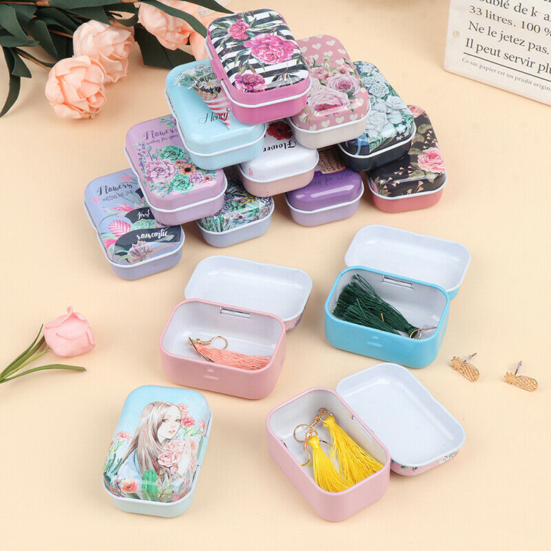 1*Mini Flower Tin Trinket Jewelry Coin Box Tinplate Storage Case Small Recta Gw