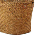 Natural Round Straw Basket Bin Handmade with Handgrip Orange 33X21X26cm R8M9