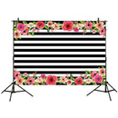 7x5ft photography backdrops Black and white stripe watercolor pink flower b P3D6