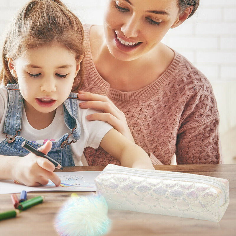 Fish Tail Sequin Pencil Case PU Pompom Pencil Bag School Stationery (White) A