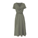 Short Sleeve Women Dress V-neck Binding Women Maxi Dresses (Army Green M)