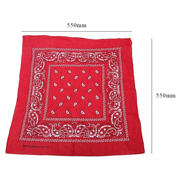 Red bandana scarf with square black white paisley pattern on both sides (Re T5Y2