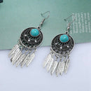 Retro Turquoise Drop Earrings With Leaves Shape Tassel Ear Pendants Dangler
