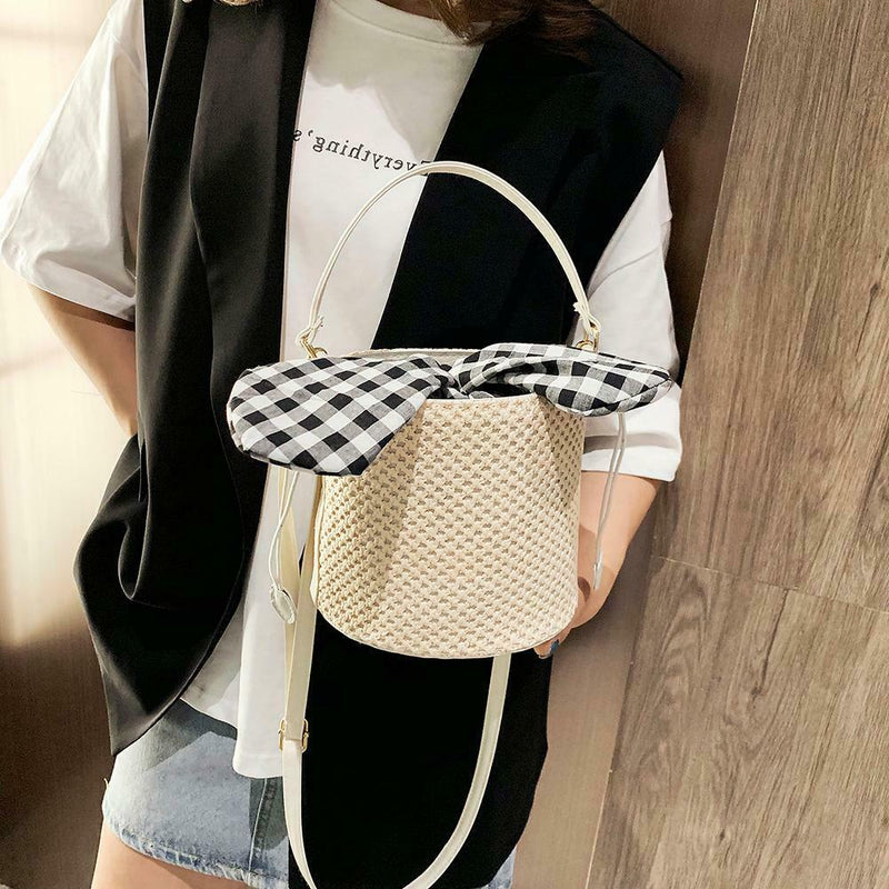 Straw Woven Shoulder Messenger Handbags Women Crossbody Bucket Bags (Beige) A
