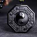 Natural Obsidian Hand Carved Chinese Taiji-Bagua Lucky Amulet Pendant Necklace