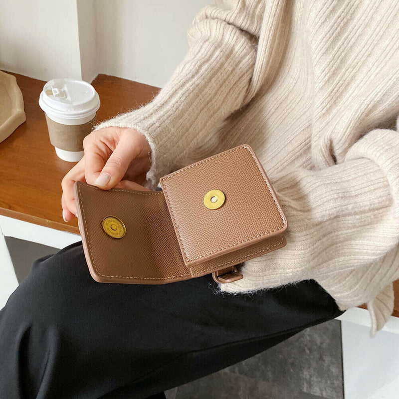 Women Solid Mini Wrist Bag Leather Purse Wristlet Clutch Handbag (Coffee)