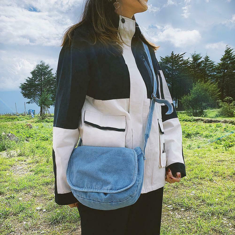 Women Canvas Denim Crossbody Bags Pure Color Flap Shoulder Bag (Light Blue)