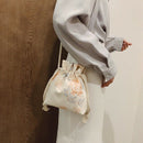 Embroidered Flower Bucket Bag Handbag Cute Girl Shoulder Messenger Bag Blue