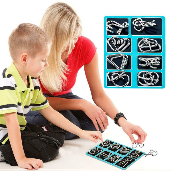8pcs Stress Reliever Toys Blue Metal IQ Mind Montessori Brain Teaser Puzzle #gib