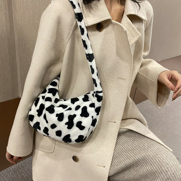 Casual Cow Printed Handbag Women Shoulder Crossbody Bag Plush Dumpling Tote