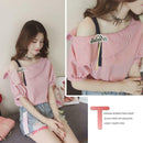 Fashion Women Short Sleeve Stripe Off Shoulder Loose T-Shirts Tops (Pink L)