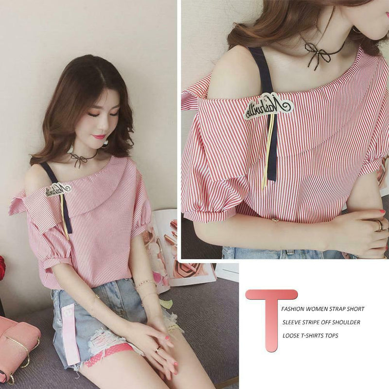 Fashion Women Short Sleeve Stripe Off Shoulder Loose T-Shirts Tops (Pink L)