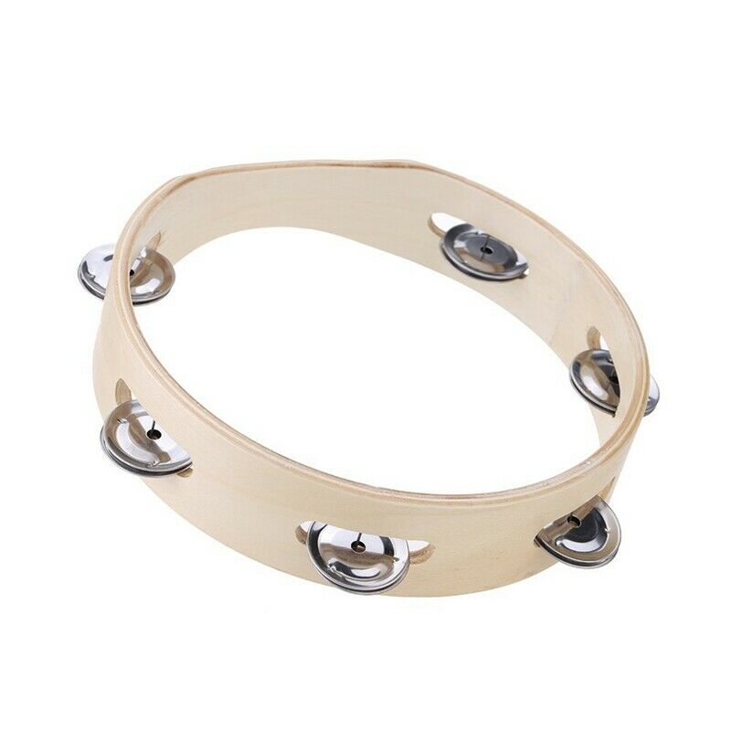 Kids 8" Hand Held Wood Headless Tambourine Bell with Metal Single Row Jingl