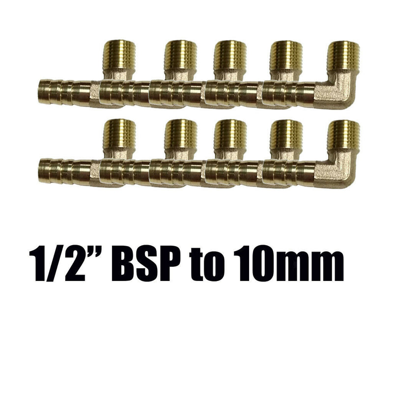 10Pcs 1/2 BSP To 10mm Brass 90 Male Elbow Barbed Hose Tail Pipe Gas Fittings