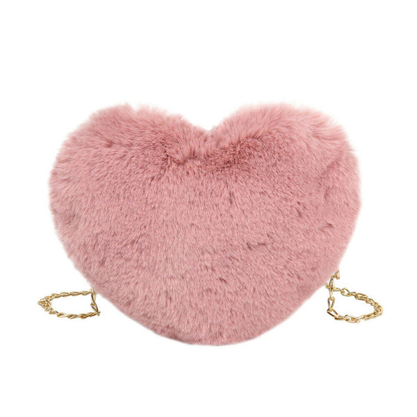 Heart Shape Messenger Bag Women Girl Plush Chain Shoulder Handbag (Bean)