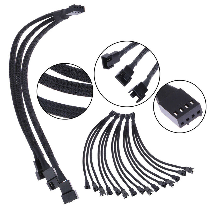 4 pin PWM Fan Cable 1 to 3 ways  Splitter Black Sleeved Extension Cable