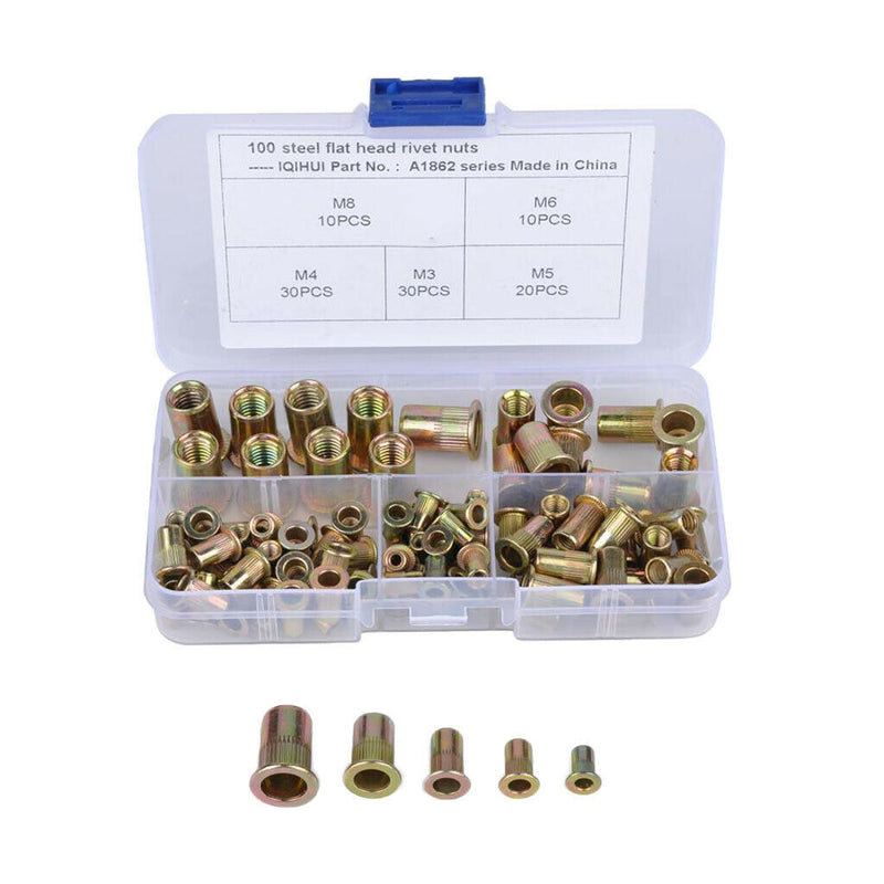 100-Pack Zinc Plated Carbon Steel Rivet Nut Flat Head Insert Nuts M3-M8