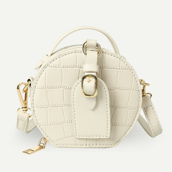 Women Small Round Shoulder Handbag Leather Stone Pattern Totes Bag (Beige) A#S