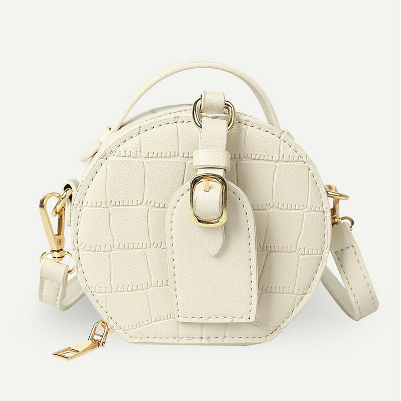 Women Small Round Shoulder Handbag Leather Stone Pattern Totes Bag (Beige) A
