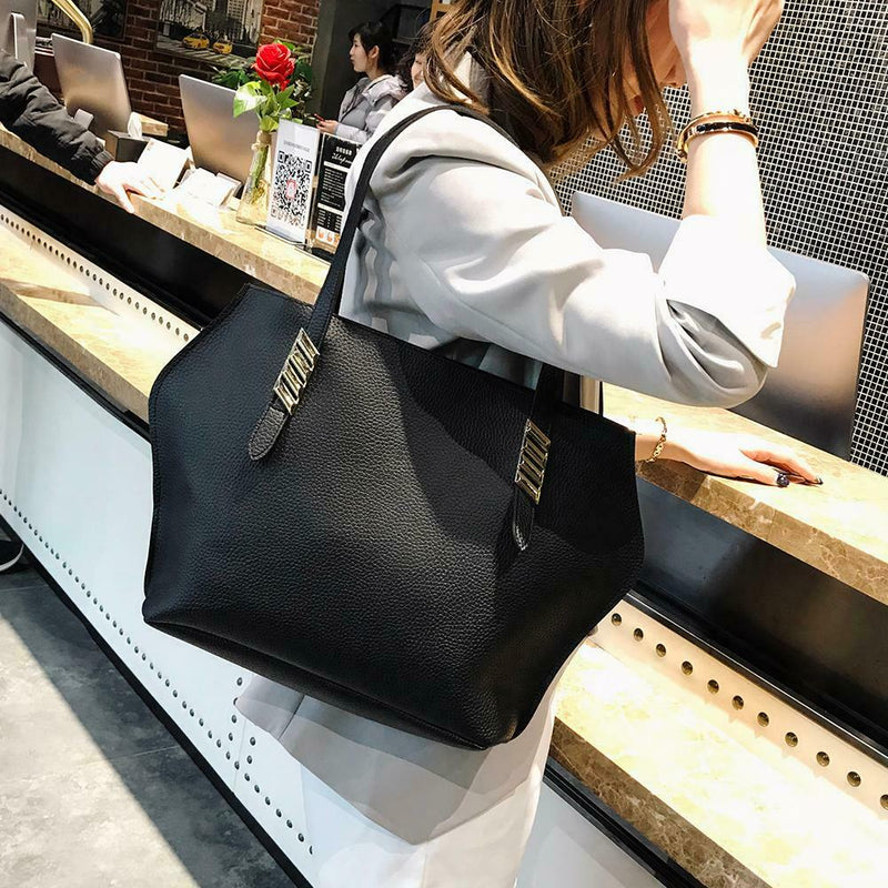4pcs/set Solid Color Totes Women Leather Shoulder Card Bags Clutch (Black)