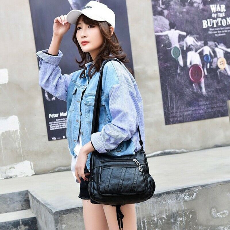 Fashion Women Crossbody Bag Black Soft Washed Leather Shoulder Bag Patchwor N3A9