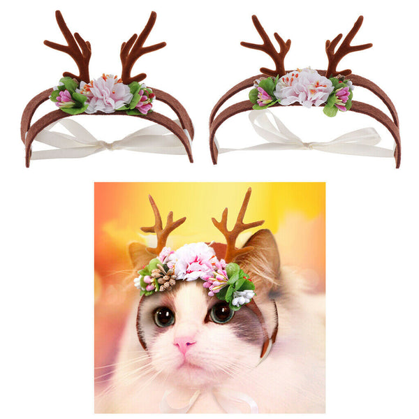 Pet Antlers Headwear Christmas Party Cat Head Decoration with Flowers S/M S