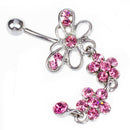 Pink Crystal Flower Dangle Navel Belly Ring Bar Piercing Jewelry
