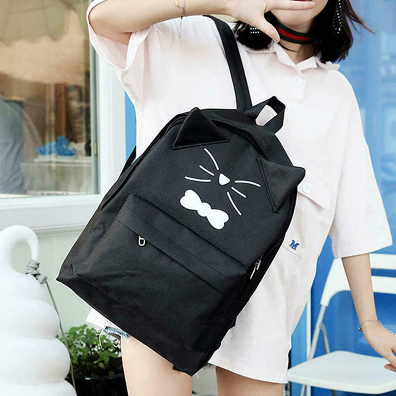 Women PU Leather Lovely Cartoon Cat Printed Backpack Shoulder Bag(Black)