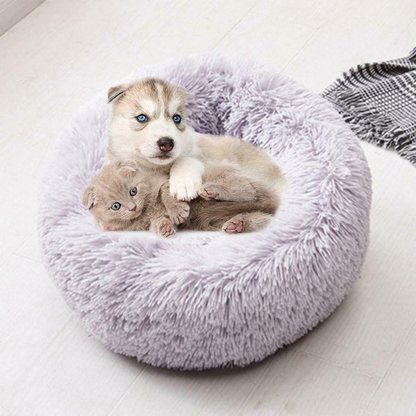 Round Soft Dog Bed Plush Kennel Nest Velvet Foldable Pet Mat (Grey L)
