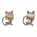 Korean Fashion Cute Cat Stone Crystal Rhinestone Women Stud Earrings beige T2D6