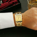 Mens Fashion Watch Rectangular Dial Analog Quartz Wristwatch Golden