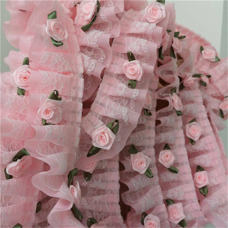 1 Yard/91cm 5cm Pink Rose Flower Ruffle Lace Trim Chiffon Pleated Ribbon Crafts