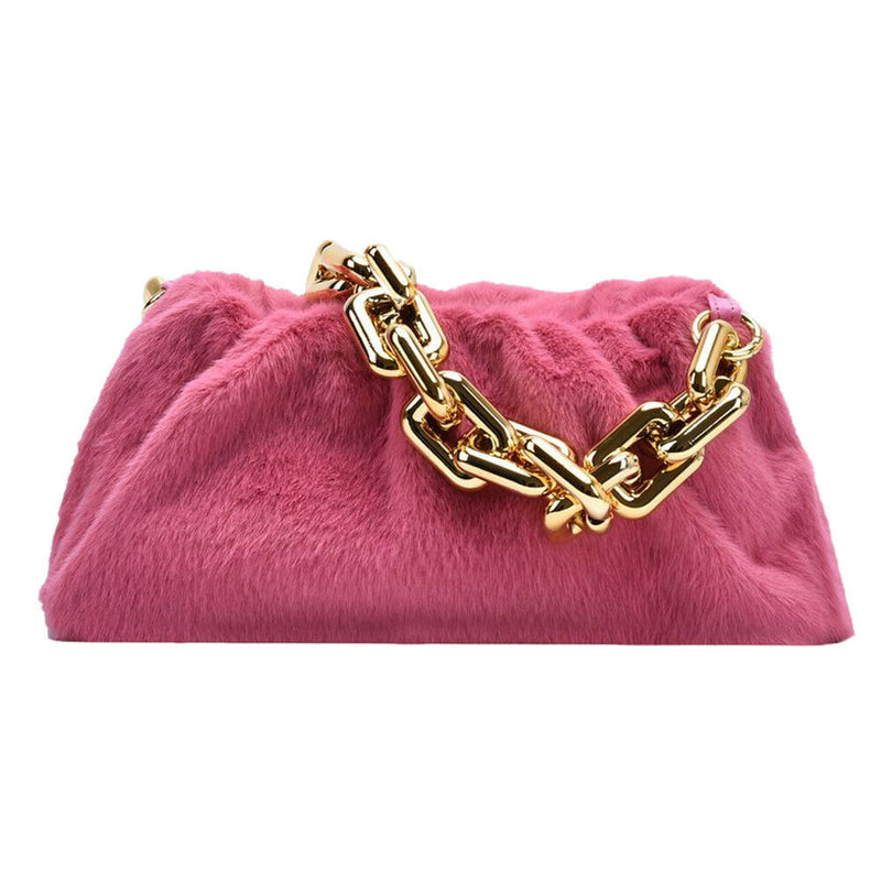 Women Cloud Handbags Plush Soft Thick Chain Shoulder Underarm Bags (Pink)