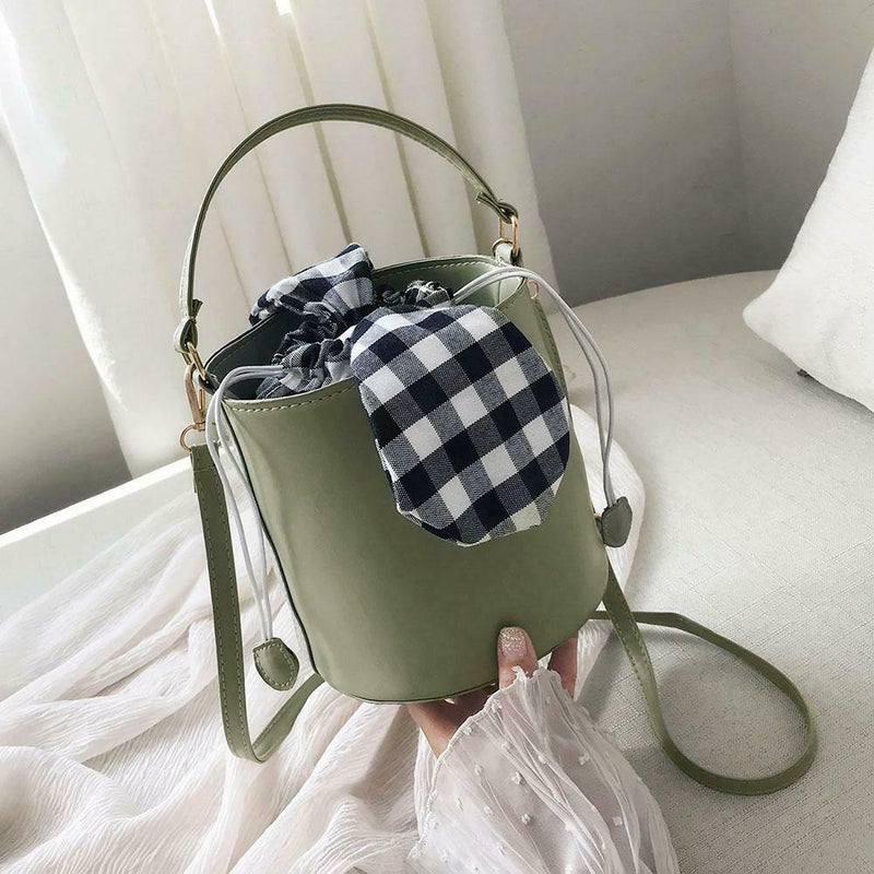 Plaid Bowknot Shoulder Handbags Leather Women Crossbody Bucket Bags (Green) A