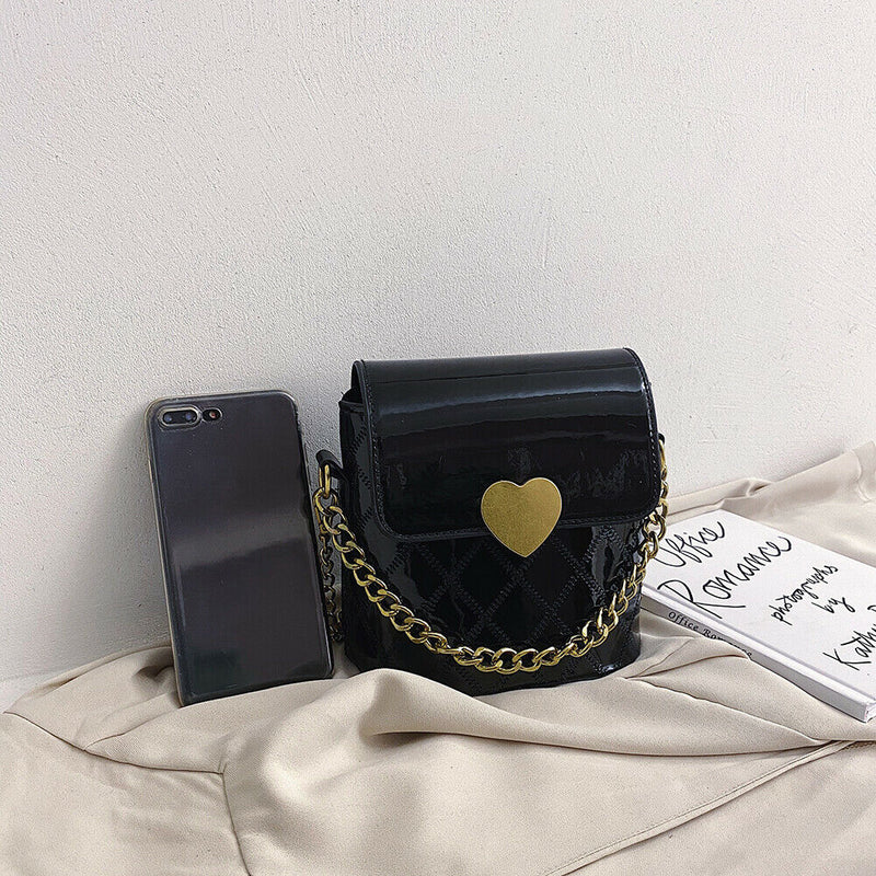 Women Bucket Shoulder Bag Leather Love Buckle Chain Crossbody Bags (Black)