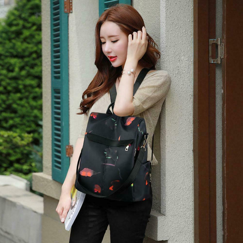Women Print Black Nylon Backpack Anti Theft Girls Travel School Shoulder Bag