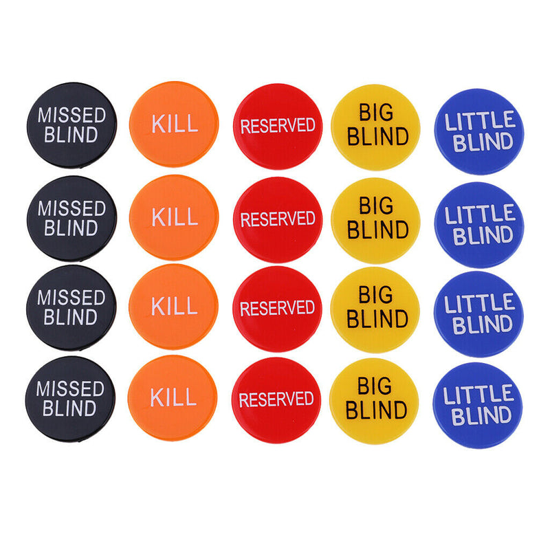 20Pcs BIG BLIND LITTLE BLIND MISSED BLIND KILL RESERVED Plastic Poker Chips