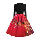 Retro Elk Print Long Sleeve Xmas Swing Dress Women Long Dresses (Red L) A