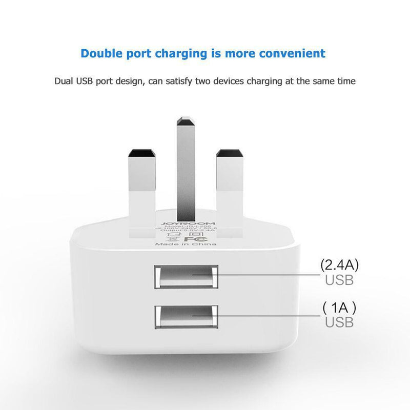 Portable Dual 2 Port USB Charger UK Plug 2.4A+1A Phone Travel Wall Adapter